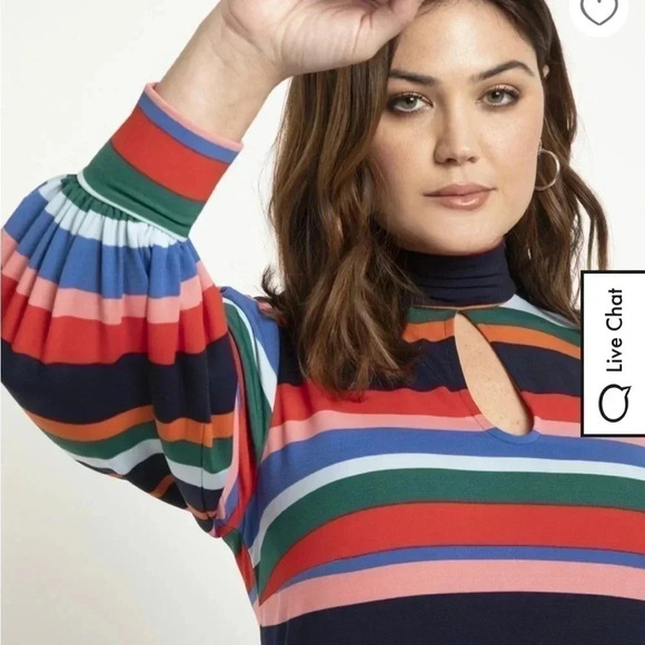 1033. ELOQUII MULTI COLOR STRIPE MIDI DRESS WITH TIE AROUND NECKLINE/KEYHOLE - Picture 2 of 13